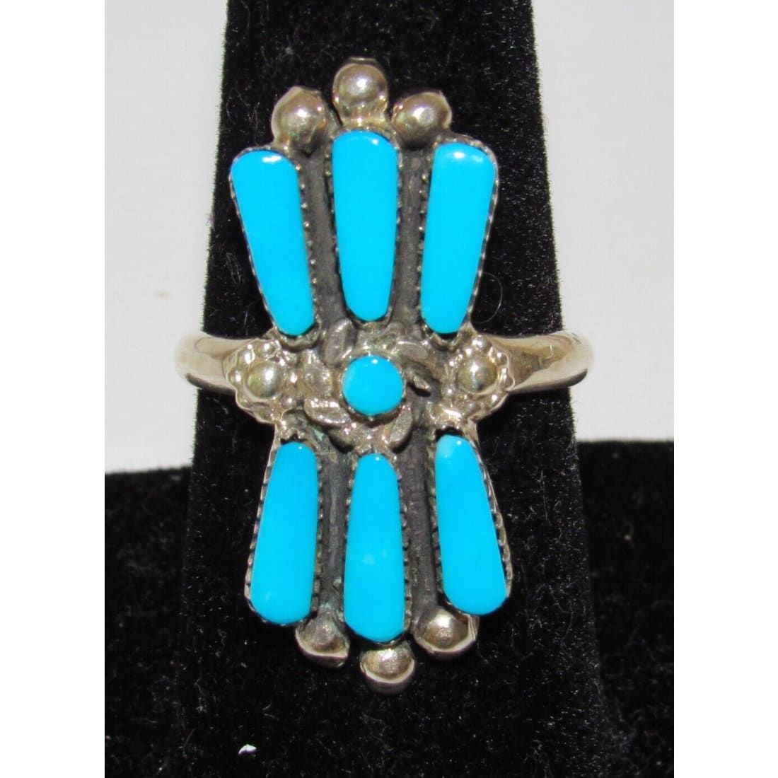 Zuni Turquoise Cluster Ring Sz 7.5 Sterling Silver Native
