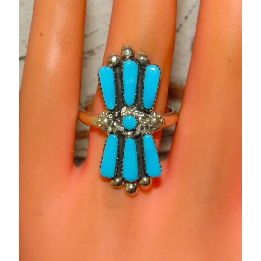 Zuni Turquoise Cluster Ring Sz 7.5 Sterling Silver Native