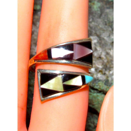 Zuni Turquoise Coral Inlay Adjustable Ring Sz 7 Sterling