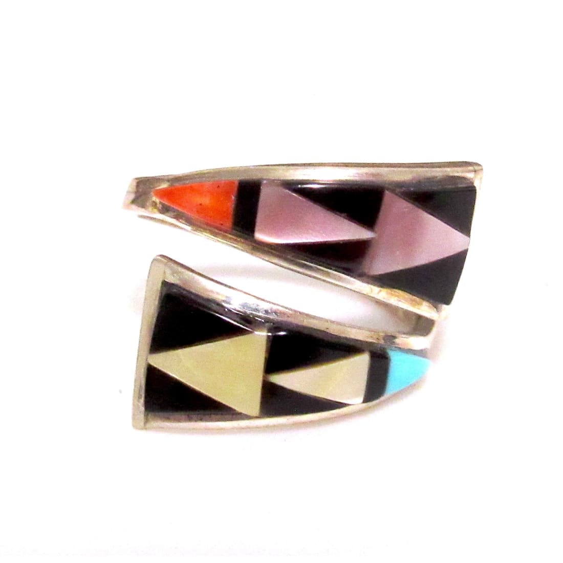 Zuni Turquoise Coral Inlay Adjustable Ring Sz 7 Sterling