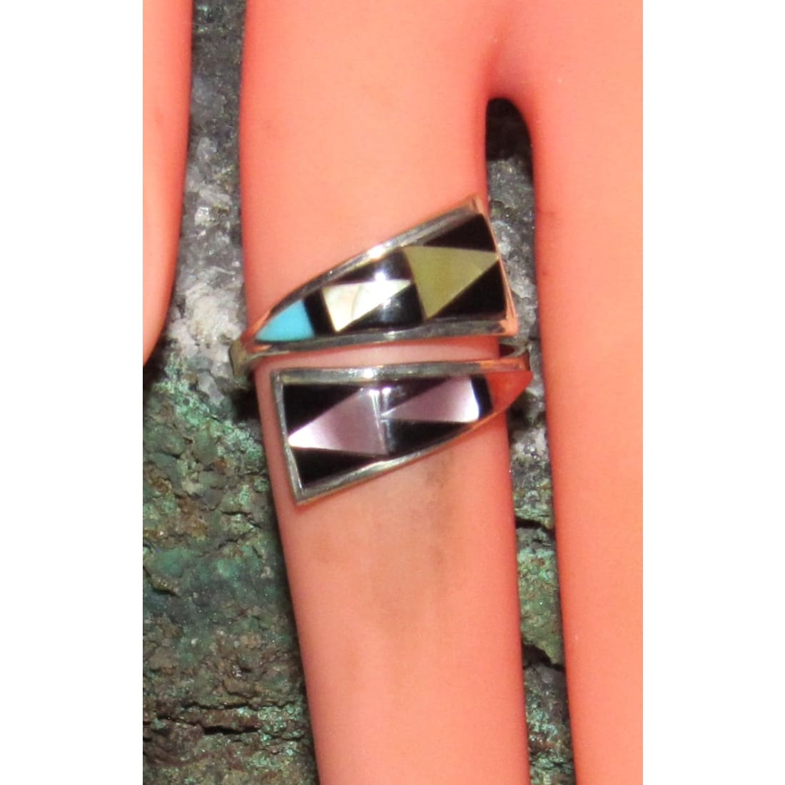 Zuni Turquoise Coral Inlay Adjustable Ring Sz 7 Sterling