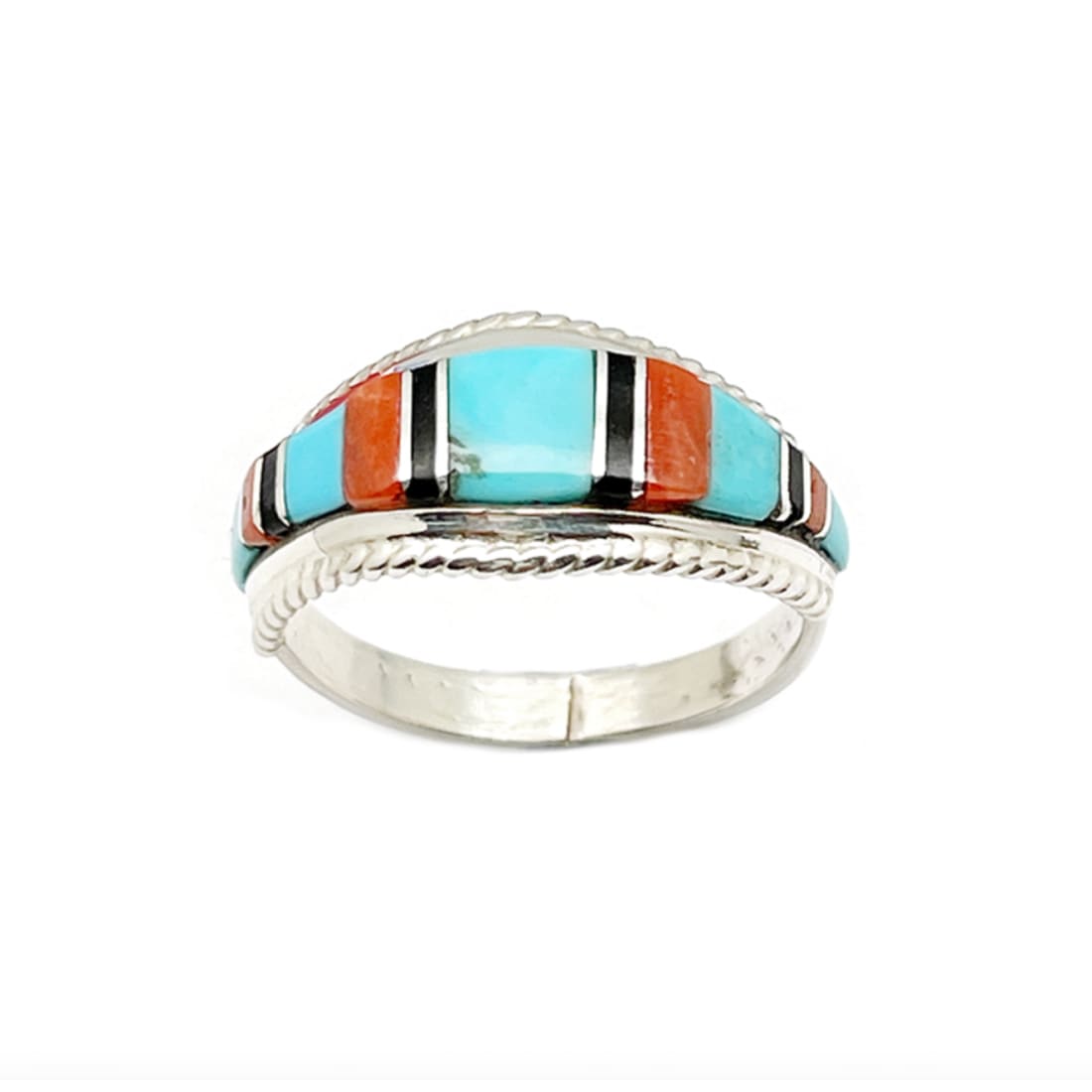 Zuni Turquoise Coral Inlay Ring Sz 9 Sterling Silver D.