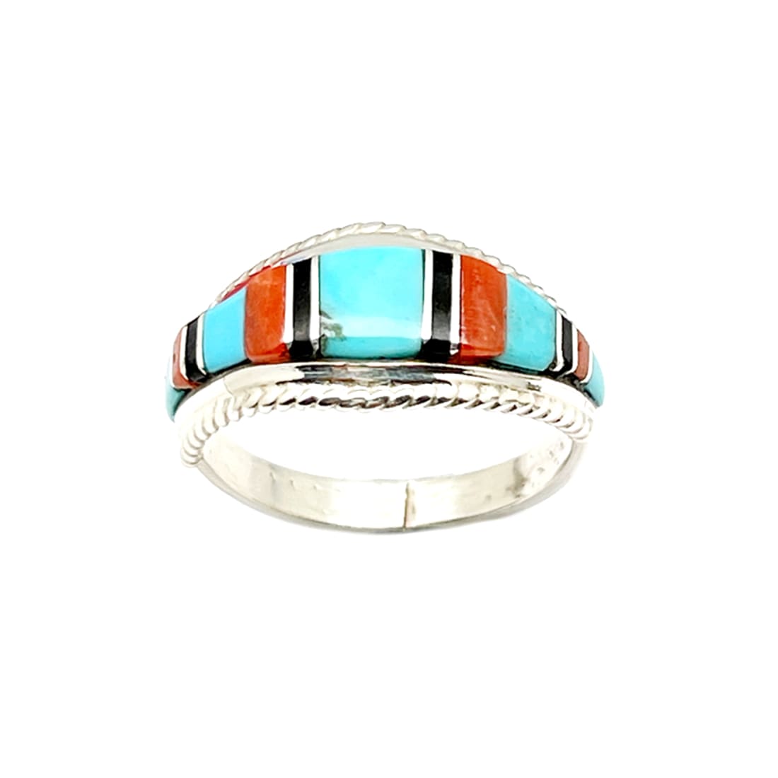 Zuni Turquoise Coral Inlay Ring Sz 9 Sterling Silver D.
