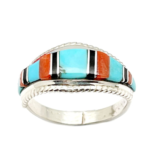 Zuni Turquoise Coral Inlay Ring Sz 9 Sterling Silver D.