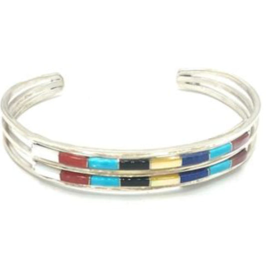 Zuni Turquoise Coral Inlay Stacker Cuff Bracelet Sterling