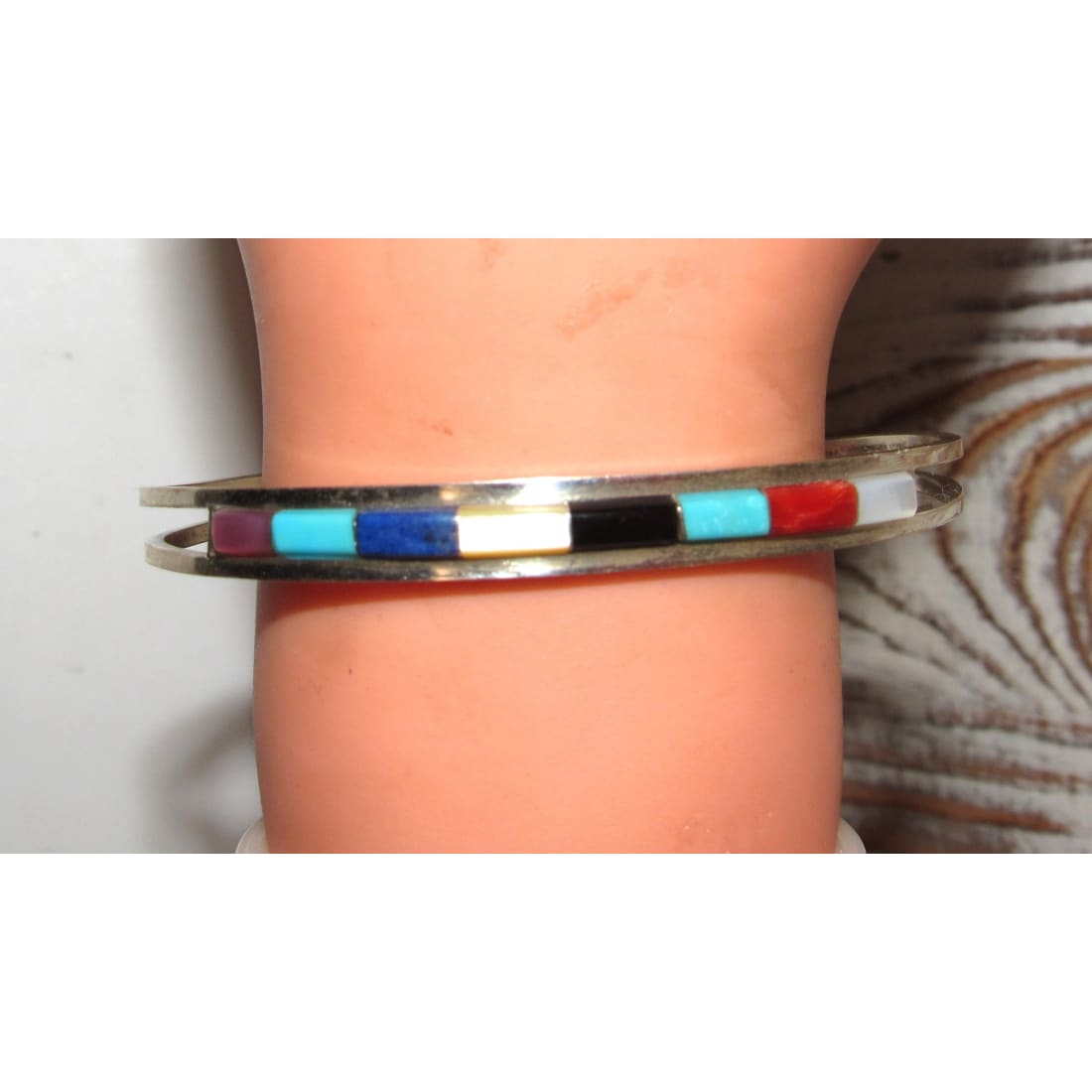 Zuni Turquoise Coral Inlay Stacker Cuff Bracelet Sterling