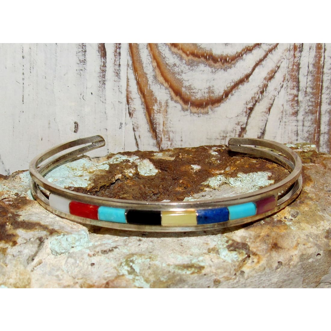 Zuni Turquoise Coral Inlay Stacker Cuff Bracelet Sterling