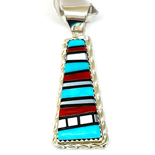 Zuni Turquoise Coral Stone Inlay Pendant Sterling Silver