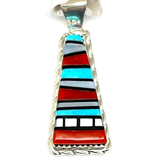 Zuni Turquoise Coral Stone Inlay Pendant Sterling Silver