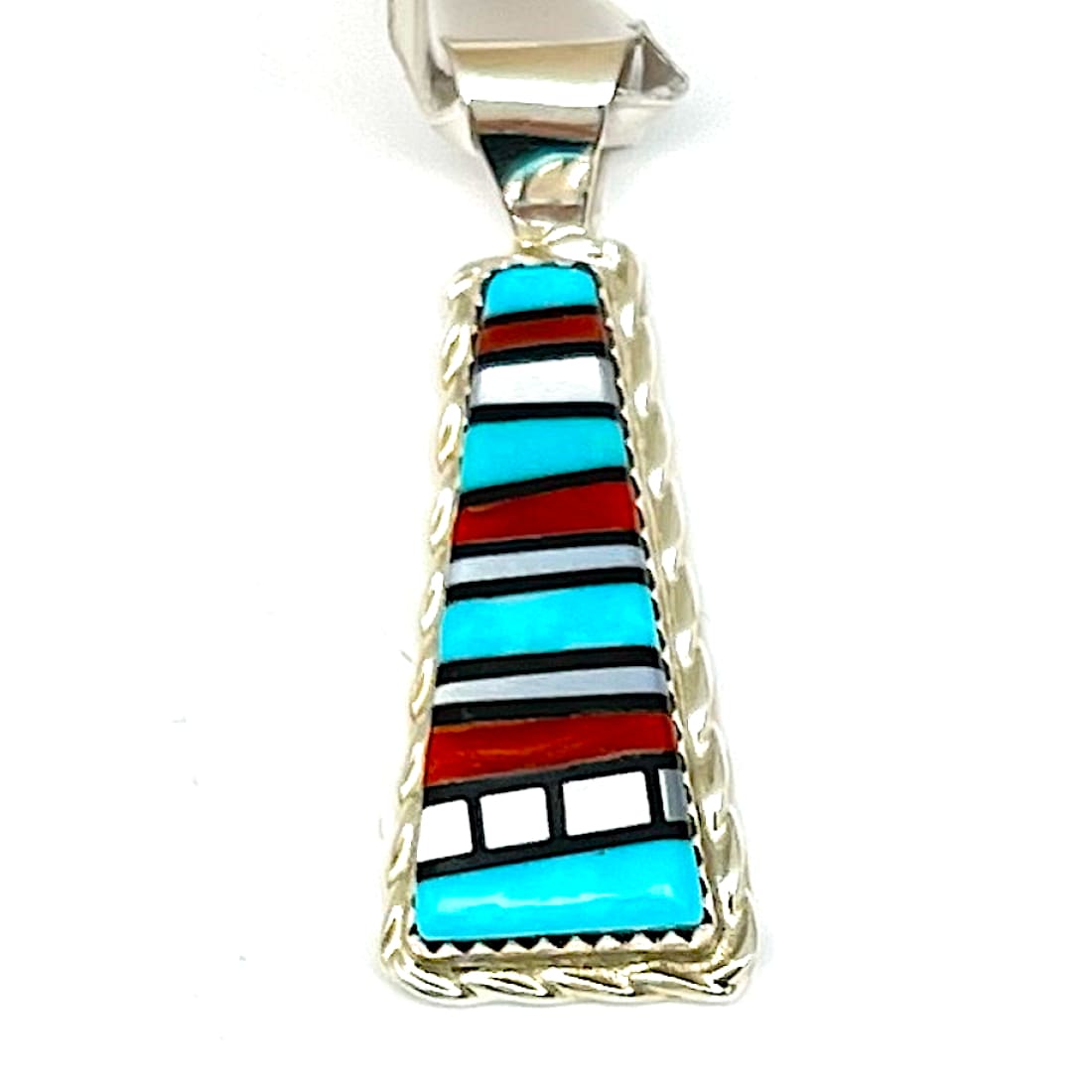 Zuni Turquoise Coral Stone Inlay Pendant Sterling Silver