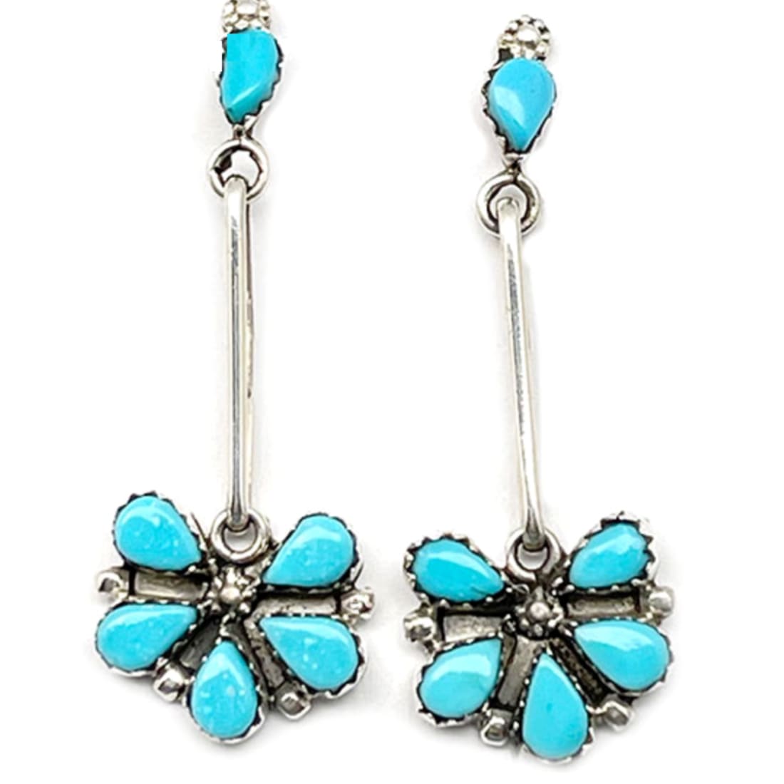 Zuni Turquoise Half Cluster Dangle Earrings Sterling Silver