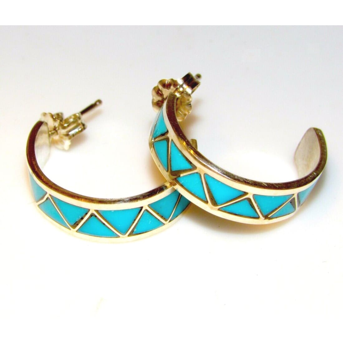 Zuni Turquoise Inlay Hoop Earrings 3/4’’ Diameter Sterling