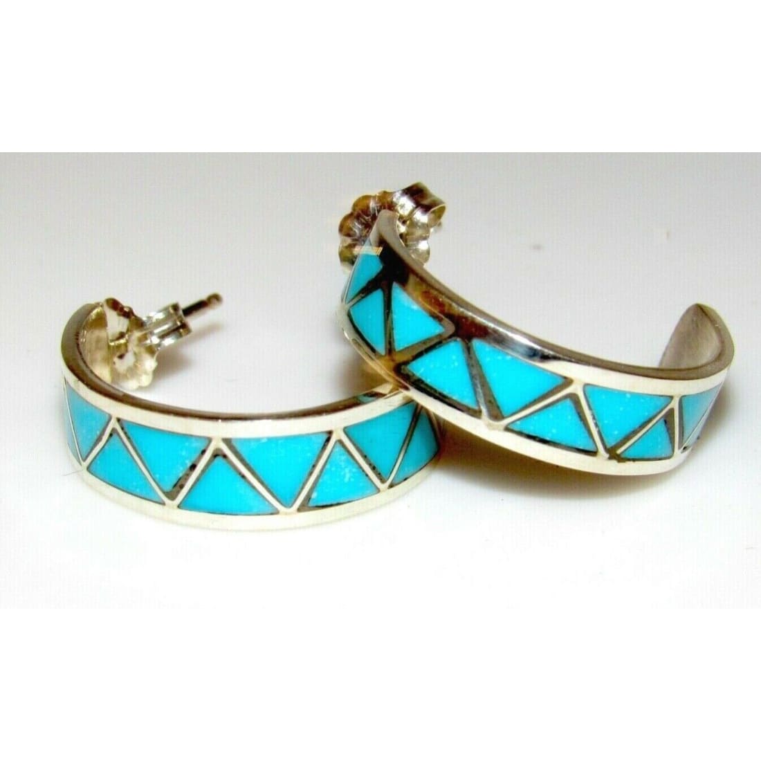 Zuni Turquoise Inlay Hoop Earrings 3/4’’ Diameter Sterling