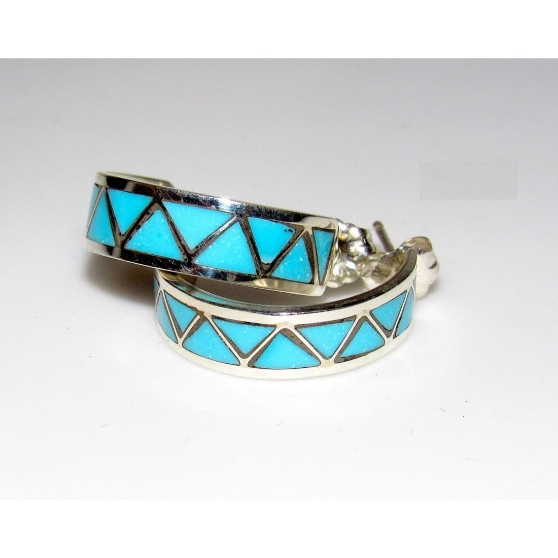 Zuni Turquoise Inlay Hoop Earrings 3/4’’ Diameter Sterling
