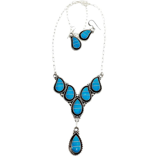 Zuni Turquoise Inlay Necklace and Earrings Set Sterling