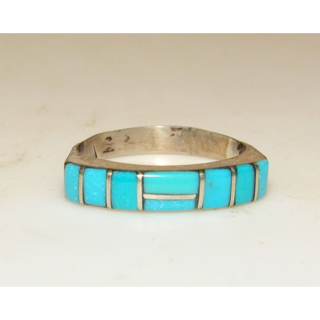 Zuni Turquoise Inlay Ring Sz 8 Sterling Signed Native