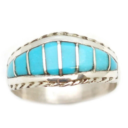 Zuni Turquoise Inlay Ring Sz 8 Sterling Silver M. Peynesta