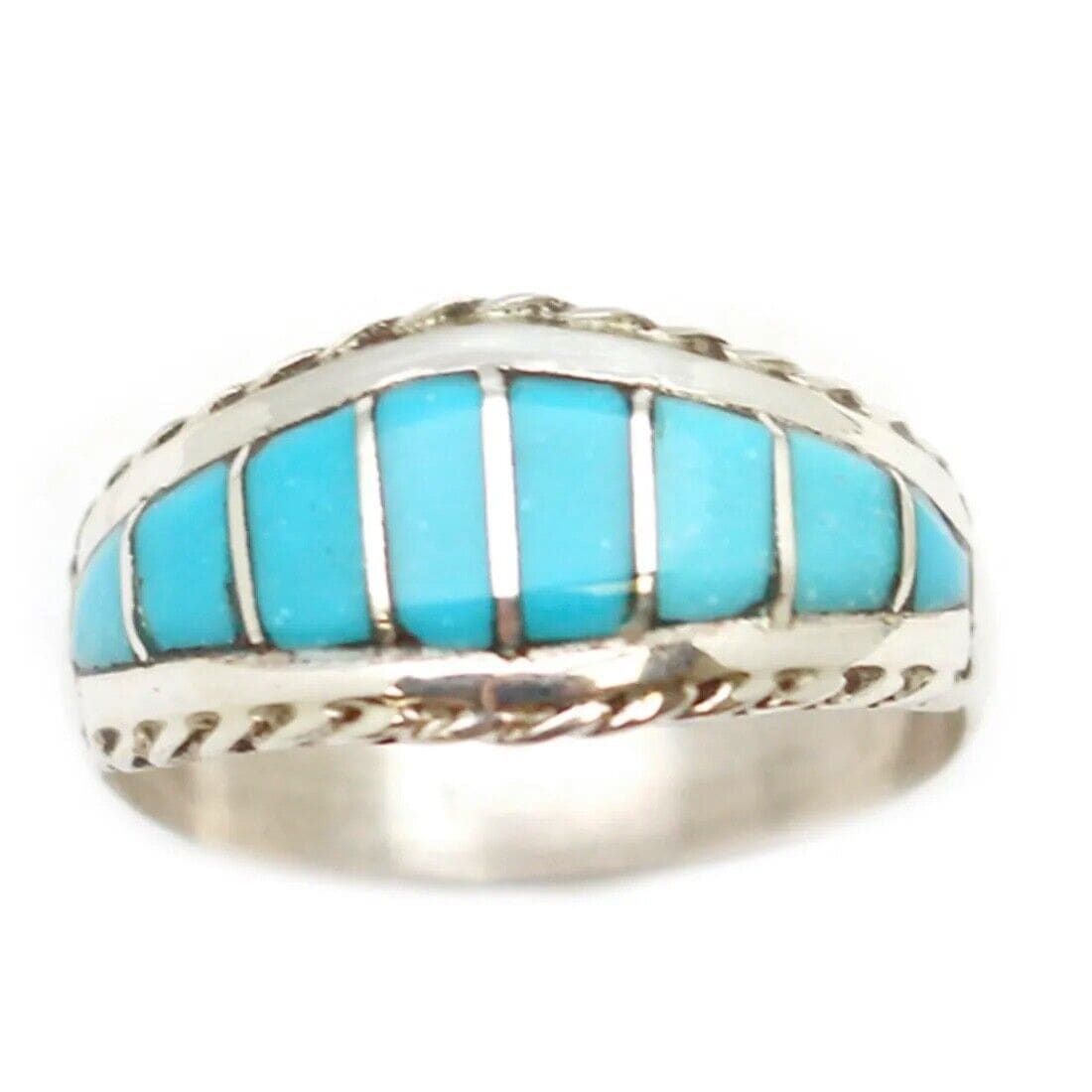 Zuni Turquoise Inlay Ring Sz 8 Sterling Silver M. Peynesta