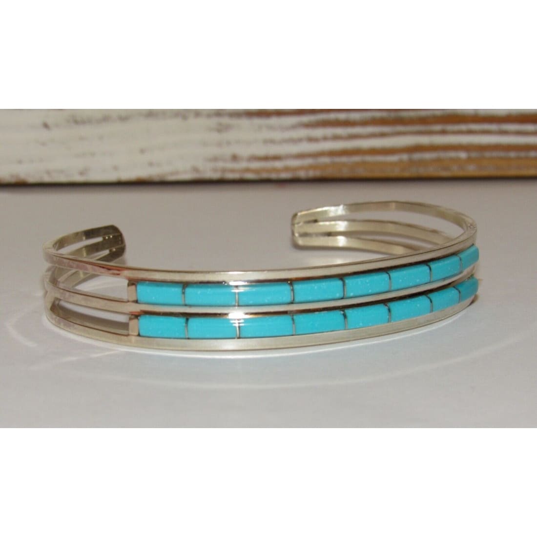 Zuni Turquoise Inlay Stacker Cuff Bracelet Sterling A.