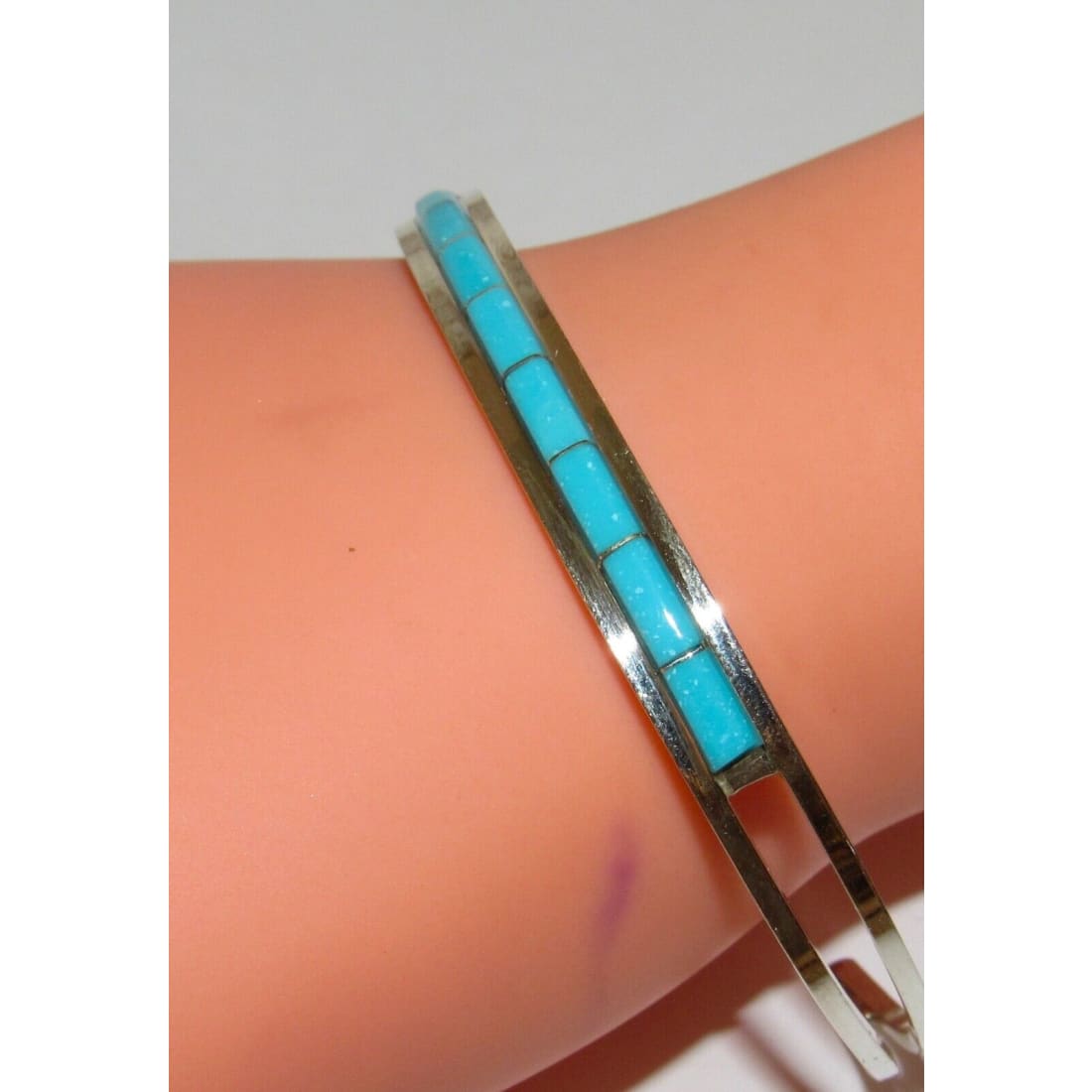 Zuni Turquoise Inlay Stacker Cuff Bracelet Sterling A.