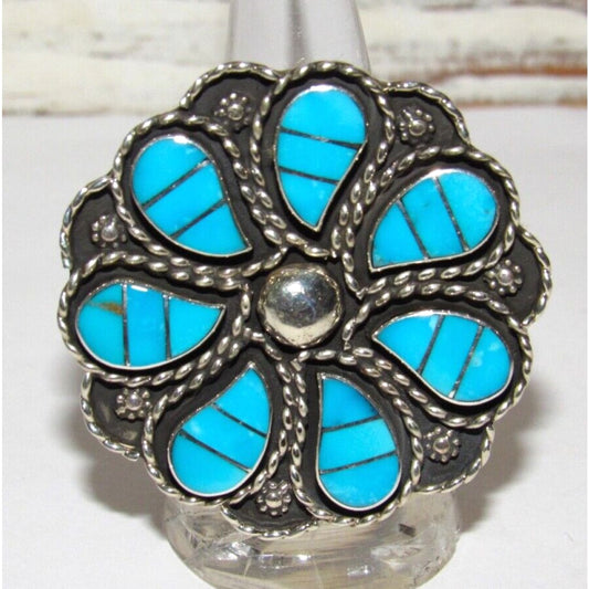 Large Zuni Turquoise Inlay Statement Ring Sz 7.5 F