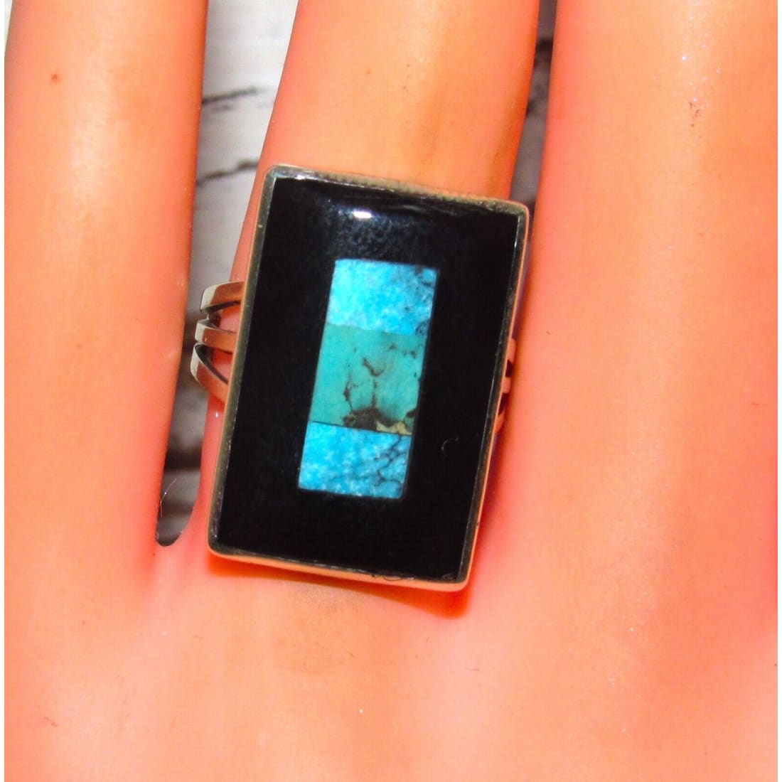 Zuni Turquoise Jet Ring by Harlan Coonsis Sz 7 Native