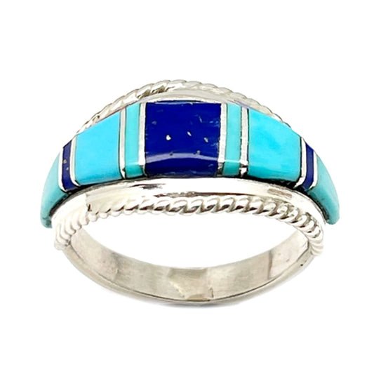 Zuni Turquoise Lapis Inlay Ring Sz 7 Sterling Silver D.