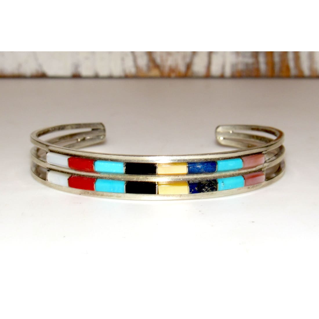 Zuni Turquoise Multi Stone Inlay Stacker Cuff Bracelet