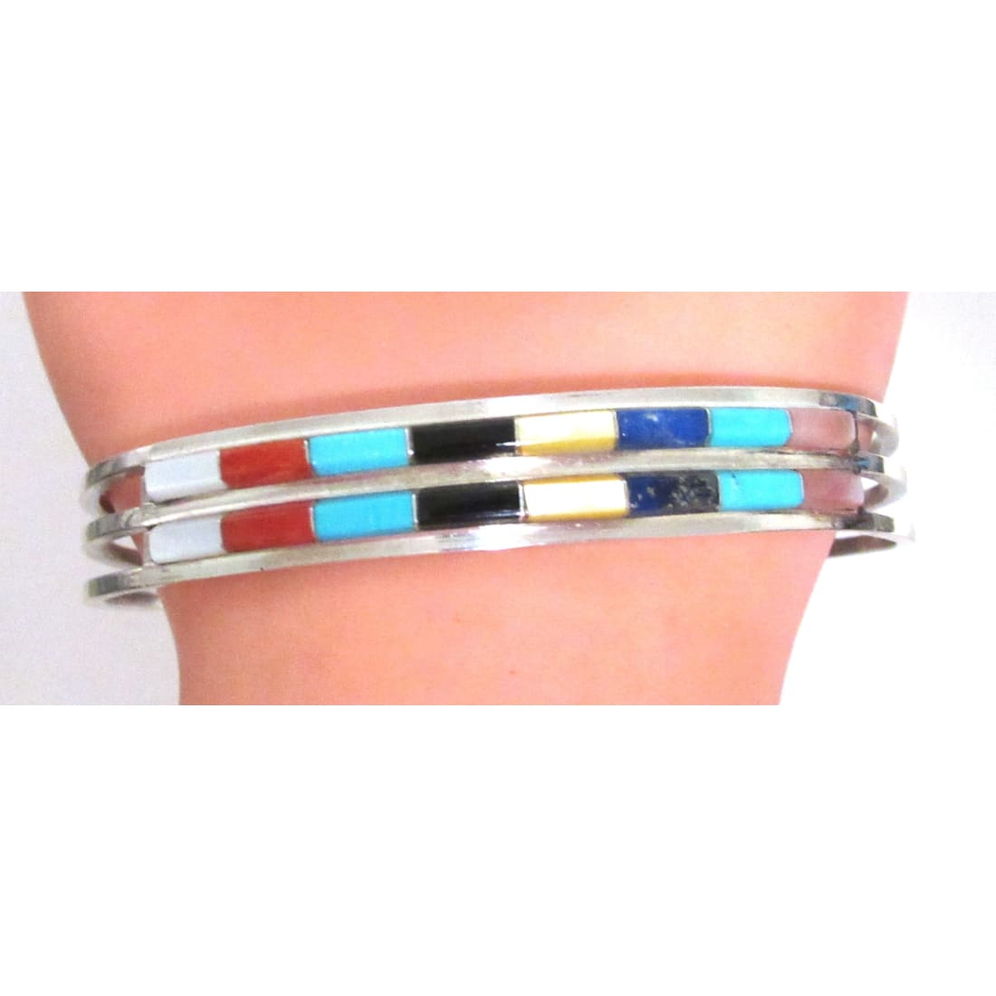 Zuni Turquoise Multi Stone Inlay Stacker Cuff Bracelet