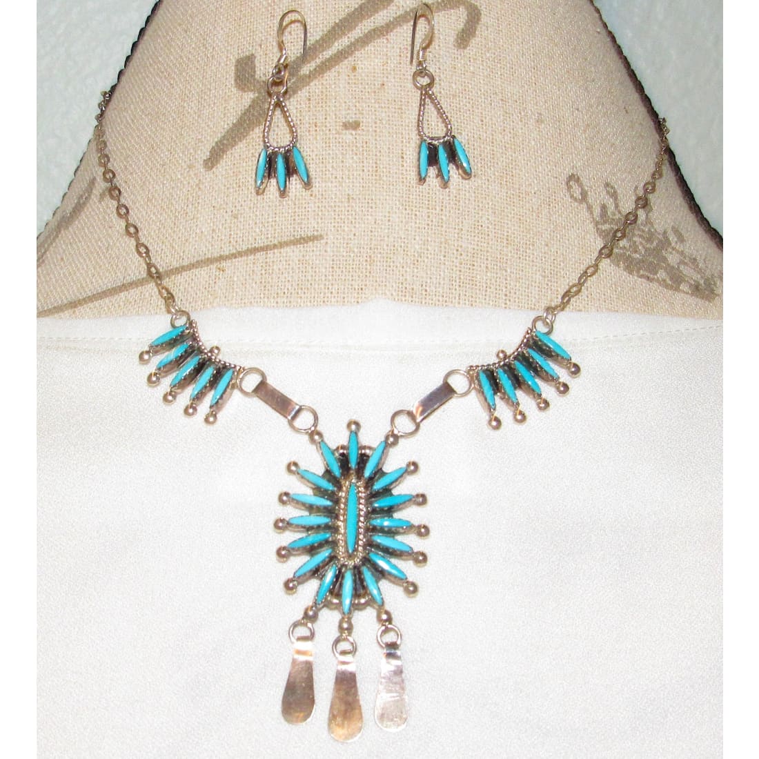 Zuni Turquoise Necklace and Earrings Set Sterling Silver