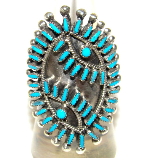 Zuni Turquoise Petit Point Statement Ring Size 8.5 Sterling