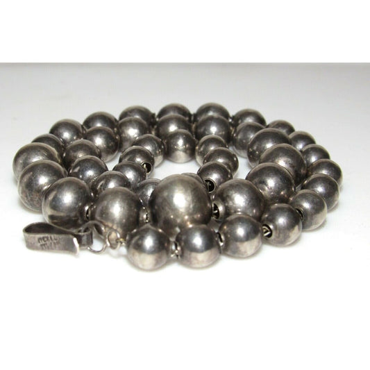 Early Pre-Eagle Mexican Sterling Silver Beads Necklace 18"L Taxco Taxco