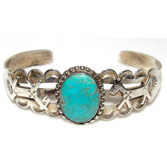 Fred Harvey Era Bracelet Navajo Sterling Turquoise Dog/Horse