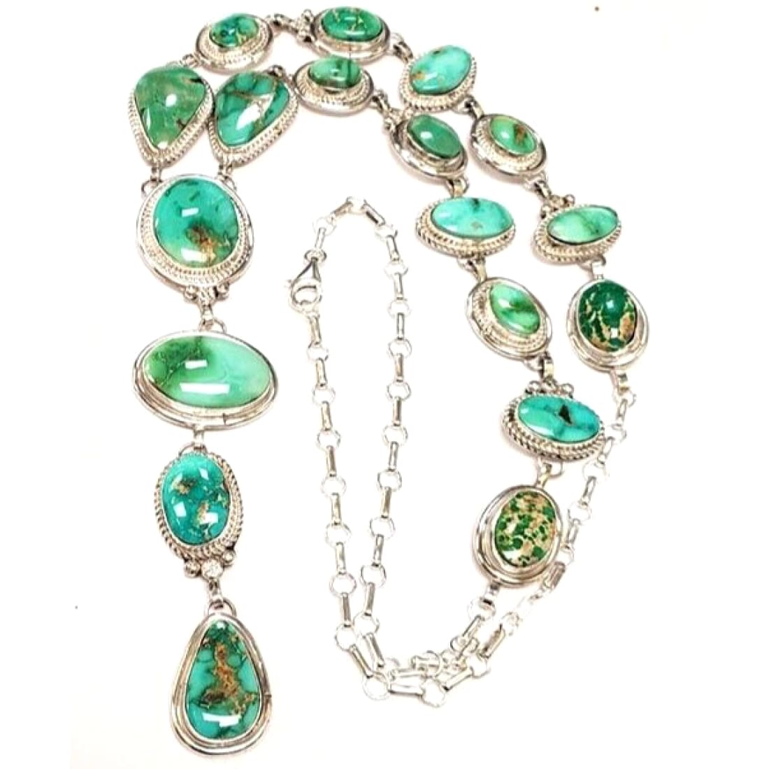 Huge Navajo Sonoran Gold Turquoise Lariat Necklace Sterling 