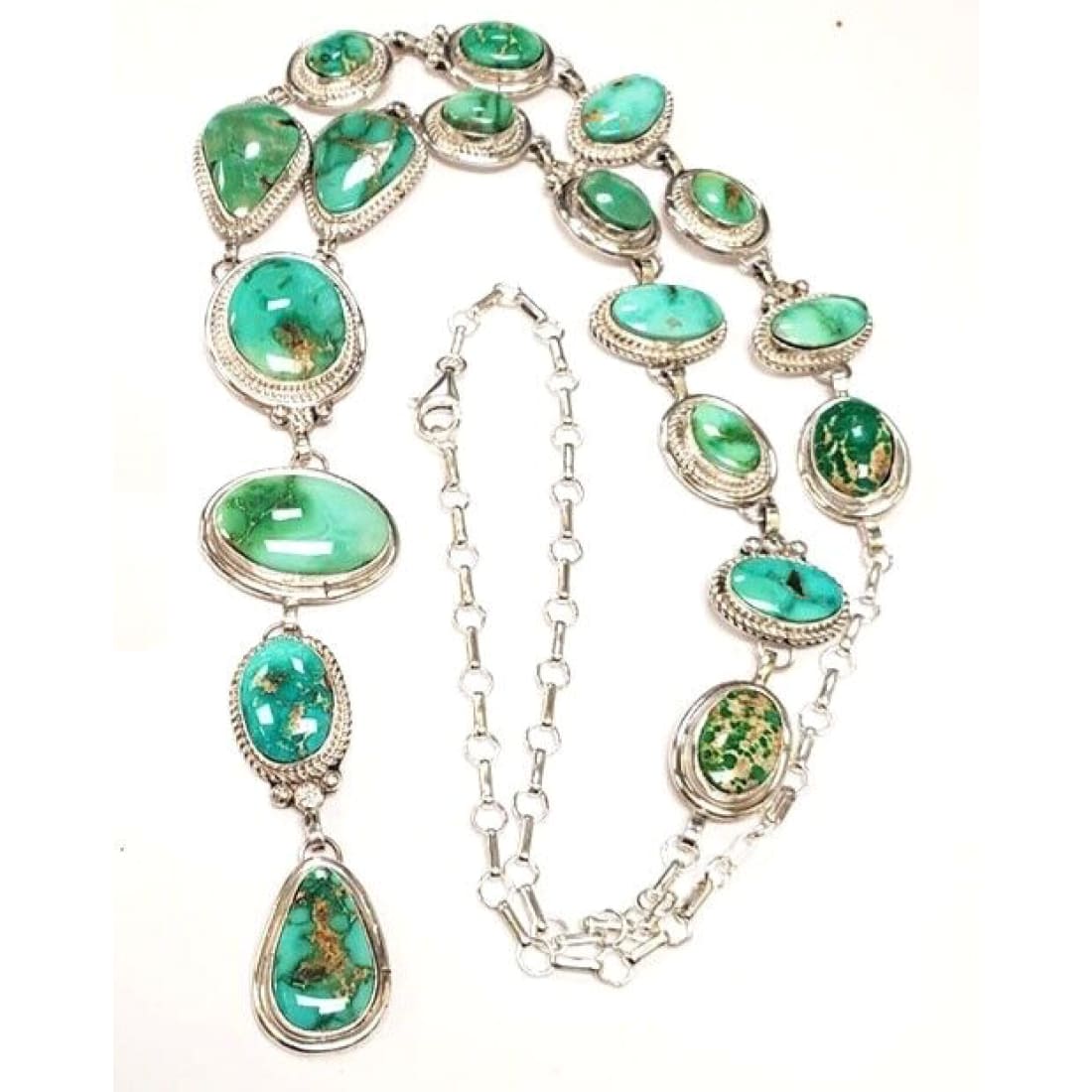Huge Navajo Sonoran Gold Turquoise Lariat Necklace Sterling 