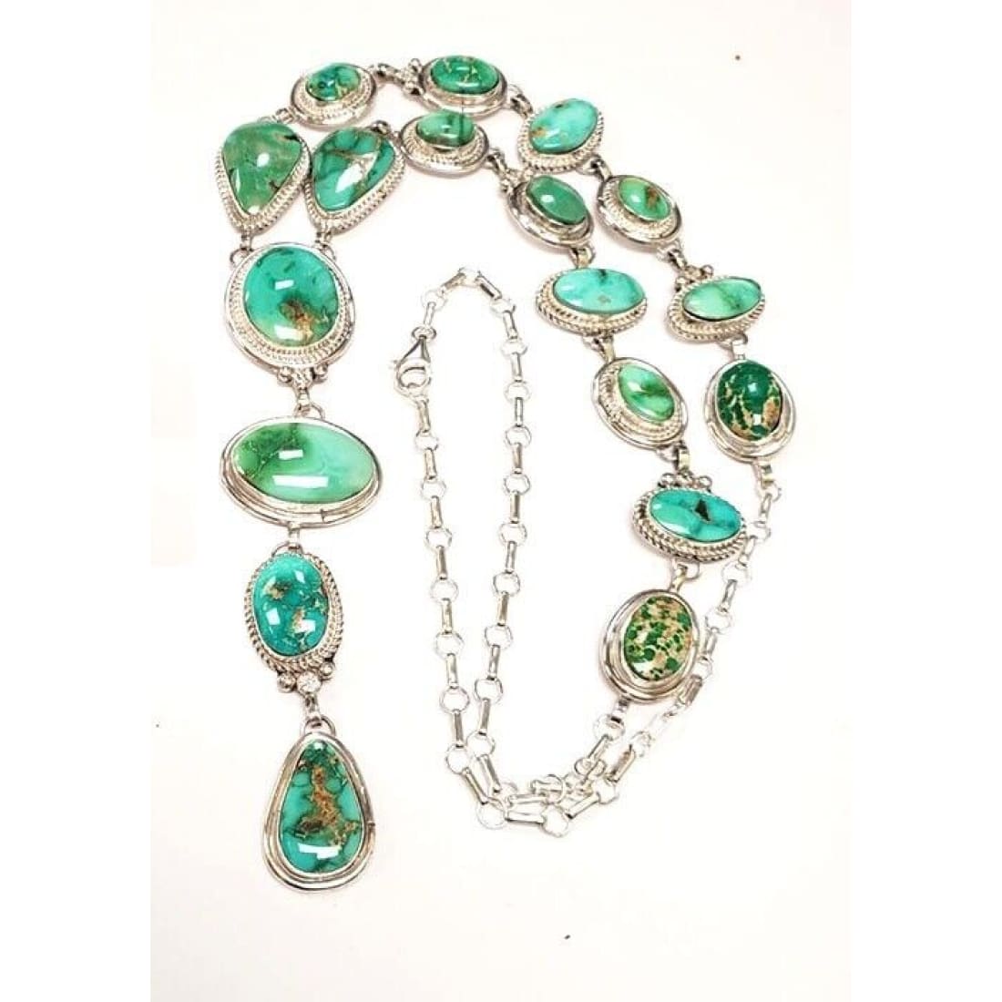 Huge Navajo Sonoran Gold Turquoise Lariat Necklace Sterling 