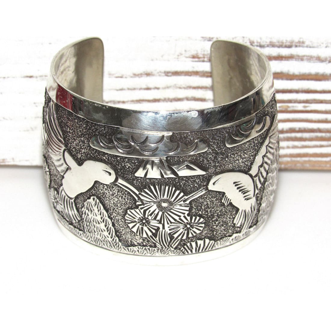 Huge Navajo Sterling Silver Hummingbirds Storyteller Cuff Bracelet Vintage Pawn Native American 90 GR The Southwestern Style Gallery