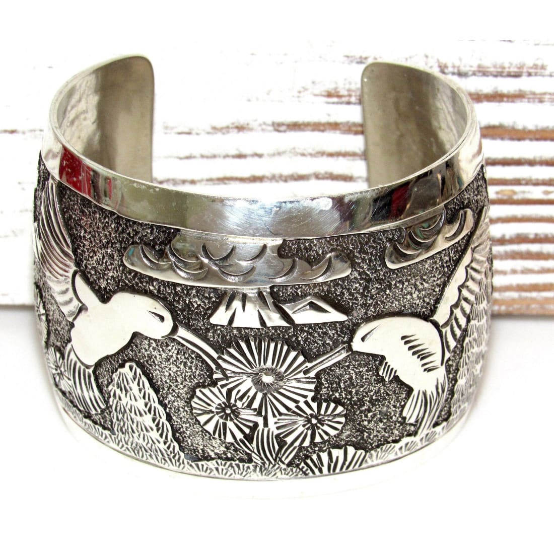 Huge Navajo Sterling Silver Hummingbirds Storyteller Cuff Bracelet Vintage Pawn Native American 90 GR The Southwestern Style Gallery