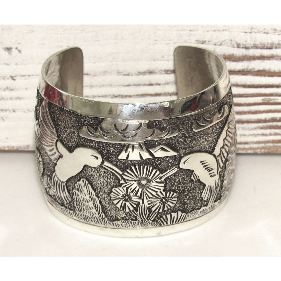 Huge Navajo Sterling Silver Hummingbirds Storyteller Cuff Bracelet Vintage Pawn Native American 90 GR The Southwestern Style Gallery