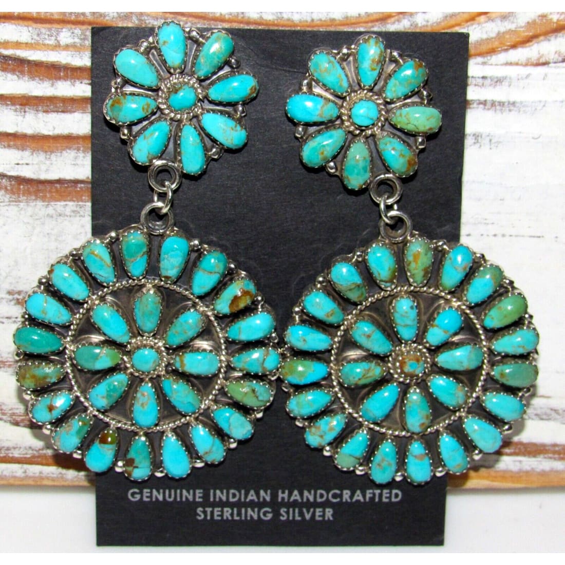 Large Navajo Turquoise Cluster Dangle Earrings Sterling 