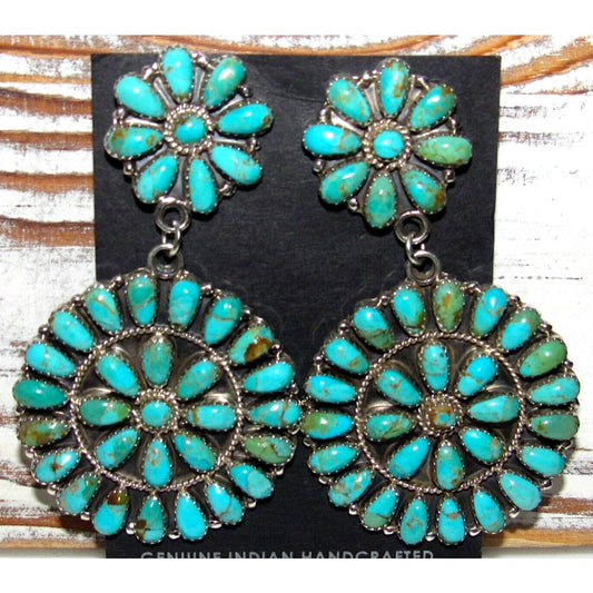 Large Navajo Turquoise Cluster Dangle Earrings Sterling 