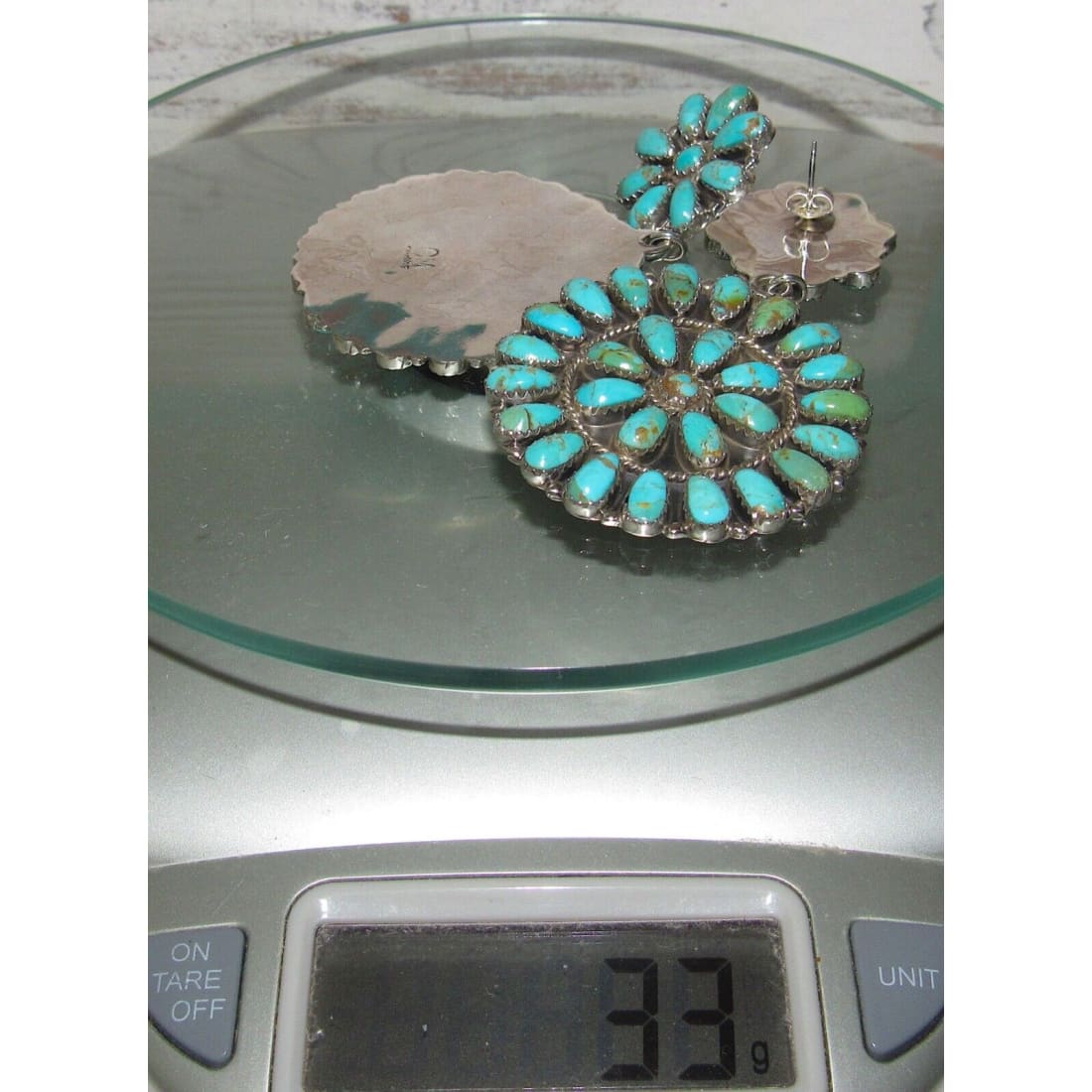 Large Navajo Turquoise Cluster Dangle Earrings Sterling 