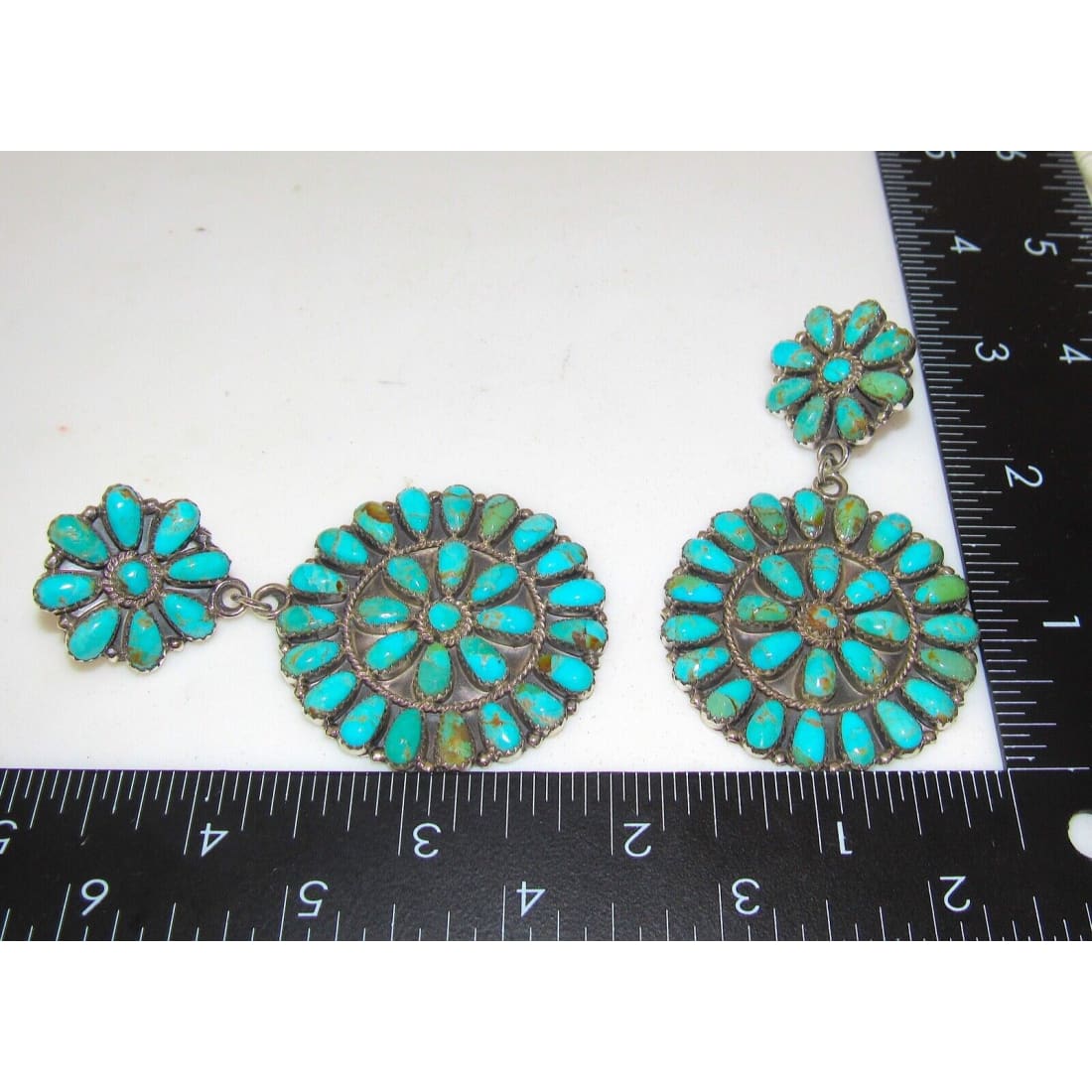 Large Navajo Turquoise Cluster Dangle Earrings Sterling 
