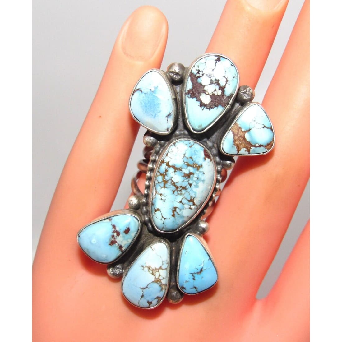 Massive Navajo Golden Hills Turquoise Cluster Ring Sz 6.5 