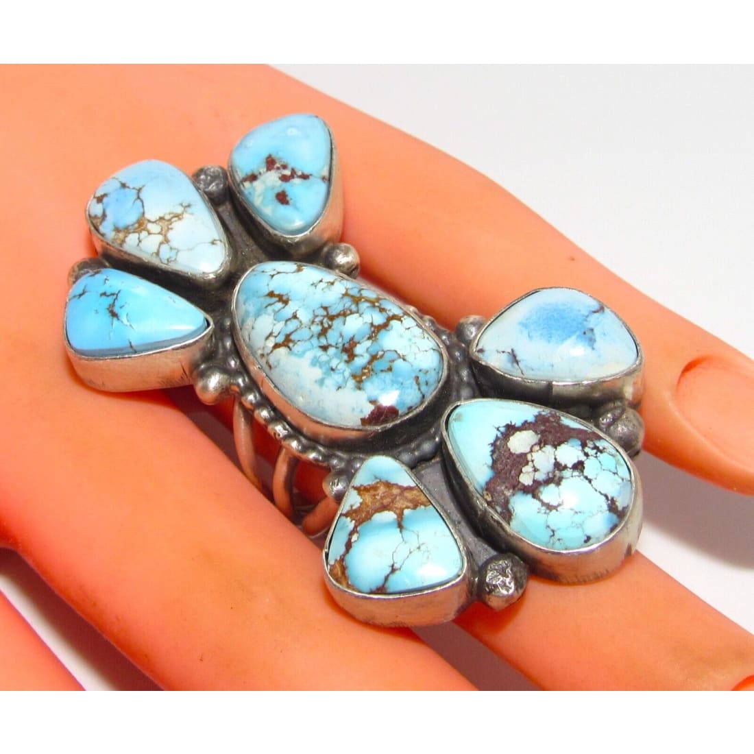 Massive Navajo Golden Hills Turquoise Cluster Ring Sz 6.5 
