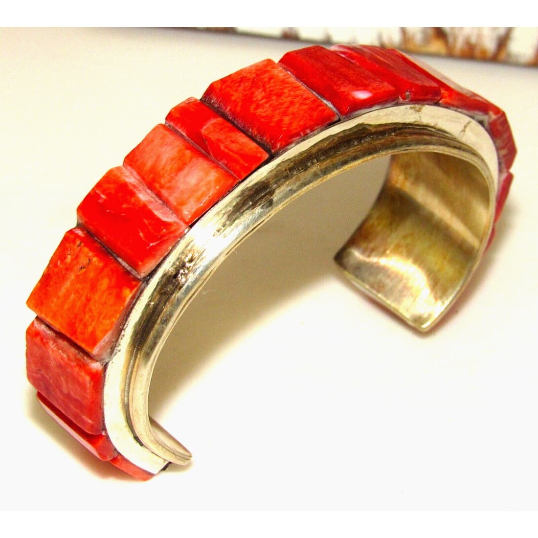 Massive Navajo Inlay Bracelet Red Spiny Sterling Cuff Native