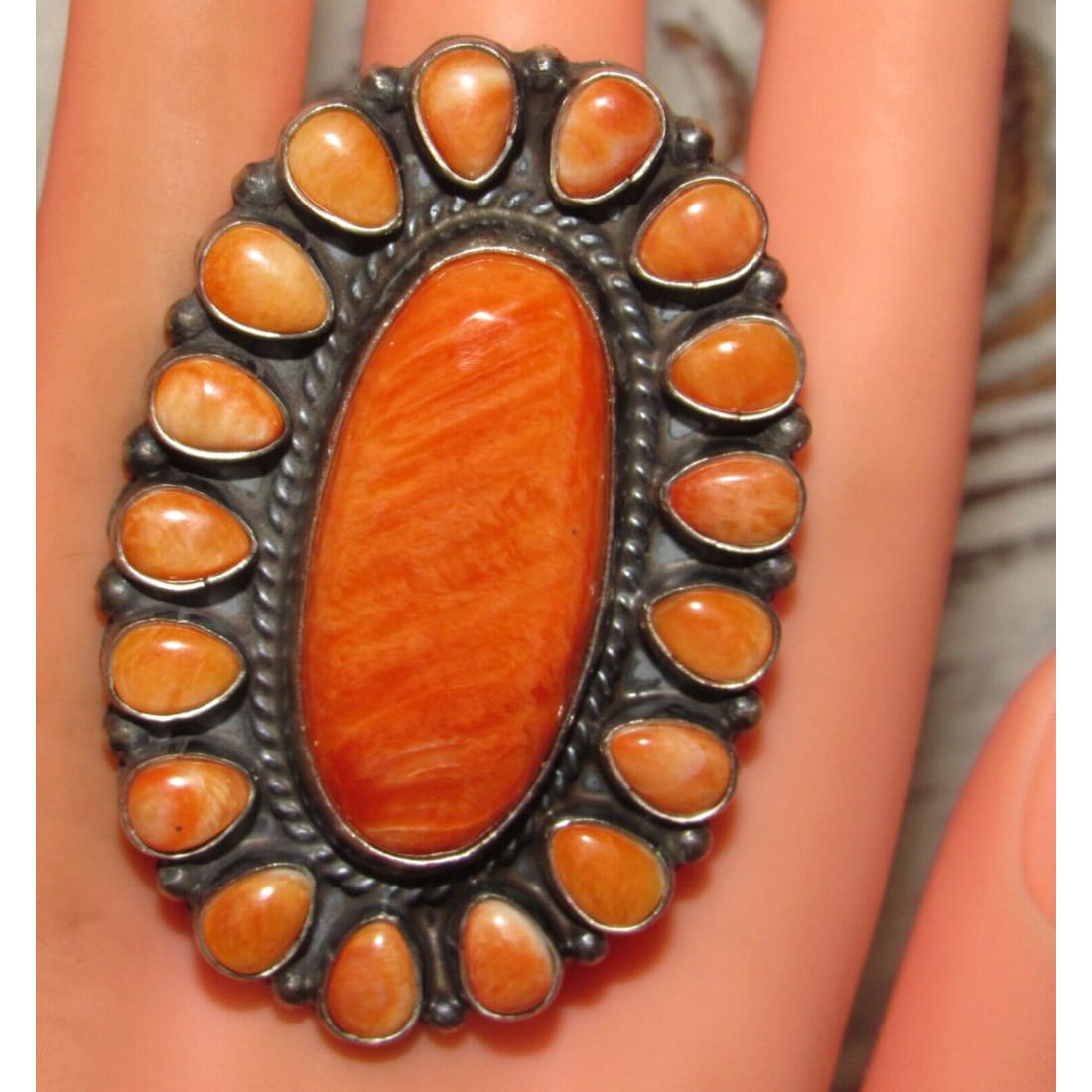 Massive Navajo Orange Spiny Cluster Ring Sz 8 Sterling 