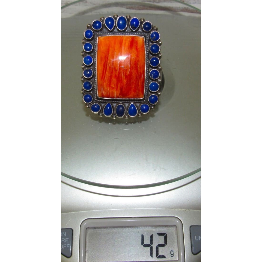 Massive Navajo Orange Spiny & Lapis Cluster Ring Sz 9 