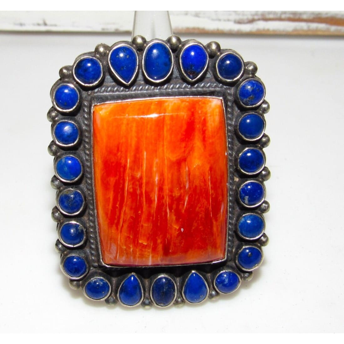 Massive Navajo Orange Spiny & Lapis Cluster Ring Sz 9 
