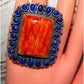 Massive Navajo Orange Spiny & Lapis Cluster Ring Sz 9 